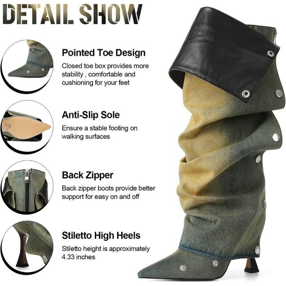 🆕Women Yellow Knee High Stiletto Pointed Toe High Heels Wide Calf Slouchy Boots - Picture 3 of 7